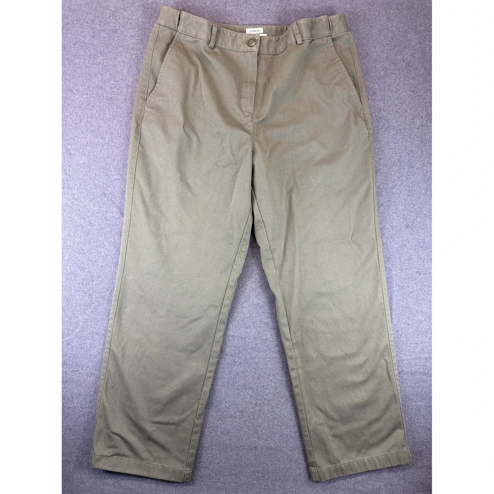 LL Bean Chino Pants Women 12P Olive Green Classic Fit Straight Leg Stretch Waist